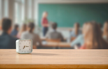 Alarm clock placed on student’s desk in bright classroom with students and teacher. Back-to-school, time management, academic discipline, educational routines and structured learning concept.