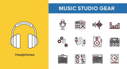Collection of Music Studio Gear Icons, Featuring Headphones, Microphone