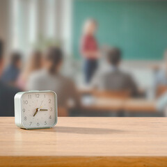 Alarm clock placed on student’s desk in bright classroom with students and teacher....