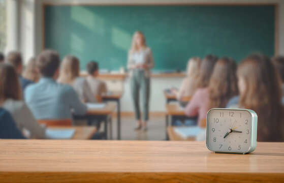 Alarm clock placed on student’s desk in bright classroom with students and teacher. Back-to-school, time management, academic discipline, educational routines and structured learning concept.