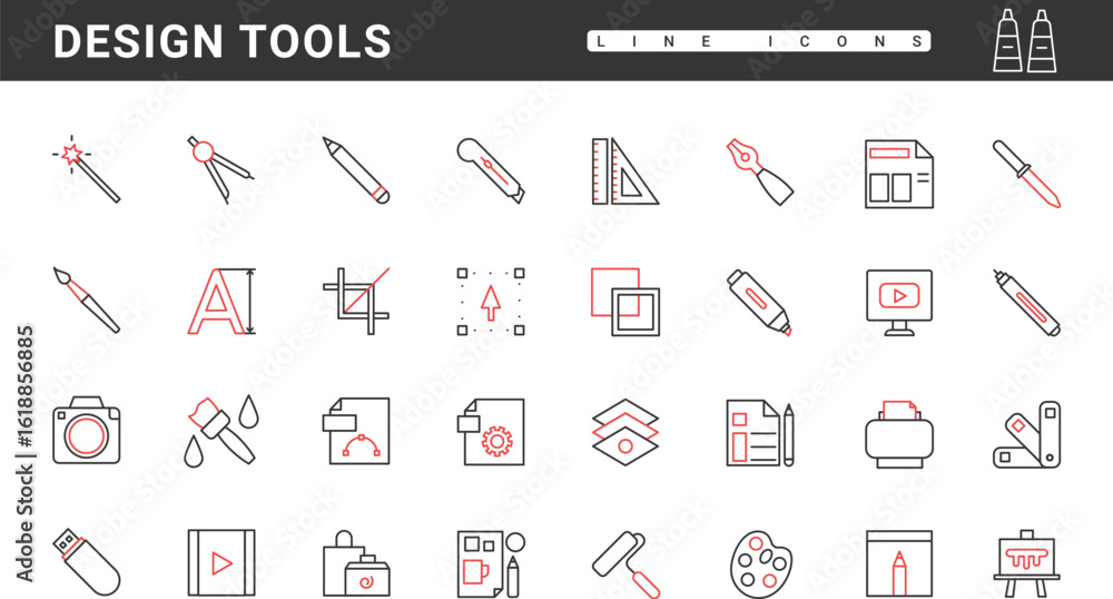 Poster digital design tools thin red and black line icons set vector illustration. abstract paint brush and
