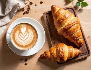 Minimalist Breakfast Table with cappuccino and croissants
