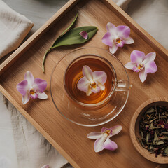 Tranquil Tea Time Wooden Tray Scene with Delicate Orchids and Herbal Infusion for Relaxation
