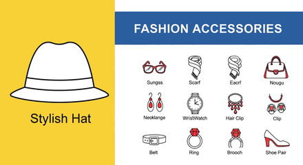 Minimalist Line Art of Fashion Accessories Featuring Hat, Sunglasses, Scarf