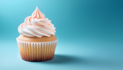 delicate cupcake positioned in the top left corner on a powder blue background in a minimalist food photography style with feathered glow spacious composition high resolution