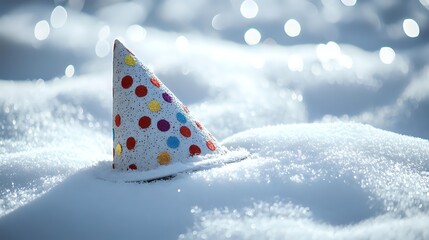 Party hat resting on snowbank surrounded by clean white snow and subtle light reflections