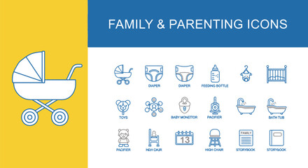 Line Art Illustration of Baby and Parenting Icons Featuring Stroller, Diaper, Feeding Bottle