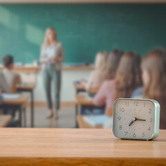 Alarm clock placed on student’s desk in bright classroom with students and teacher. Back-to-school, time management, academic discipline, educational routines and structured learning concept.