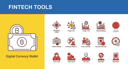 Line Art of Fintech Tools Featuring Digital Currency Wallet, Crypto Coin, Blockchain Ledger