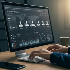 A person is working on hr analysis and data visualization on a computer, displaying a world map and team collaboration metrics