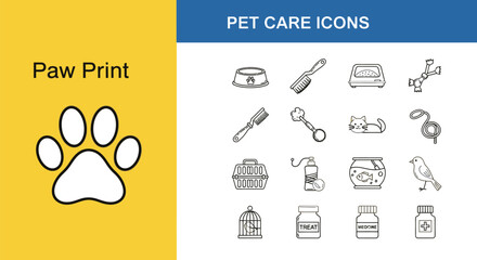 Clean Line Drawing of a Paw Print, Pet Care Icons Featuring a Dog Bowl, Brush