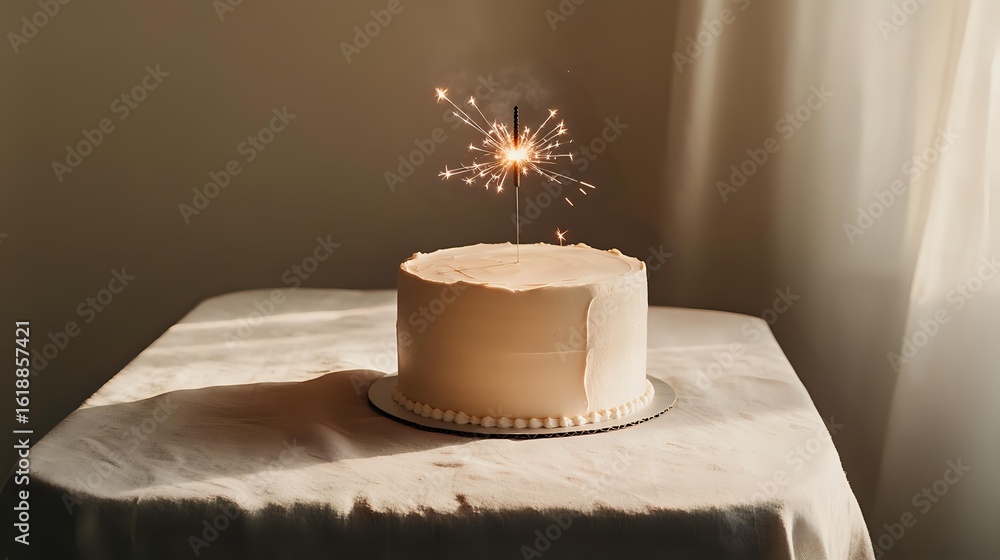 Aufkleber simple cake setup on clean counter with one sparkler, neutral tablecloth and soft golden hour lighti