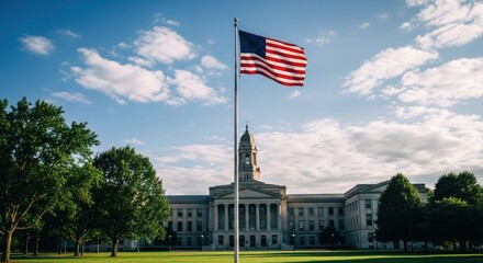 Fototapeta premium American flag flies over state capitol building