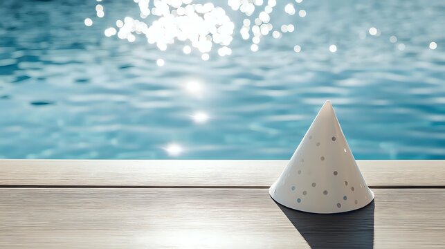 Simple party hat placed on pool deck with clean water shimmering in background and sharp sunlight