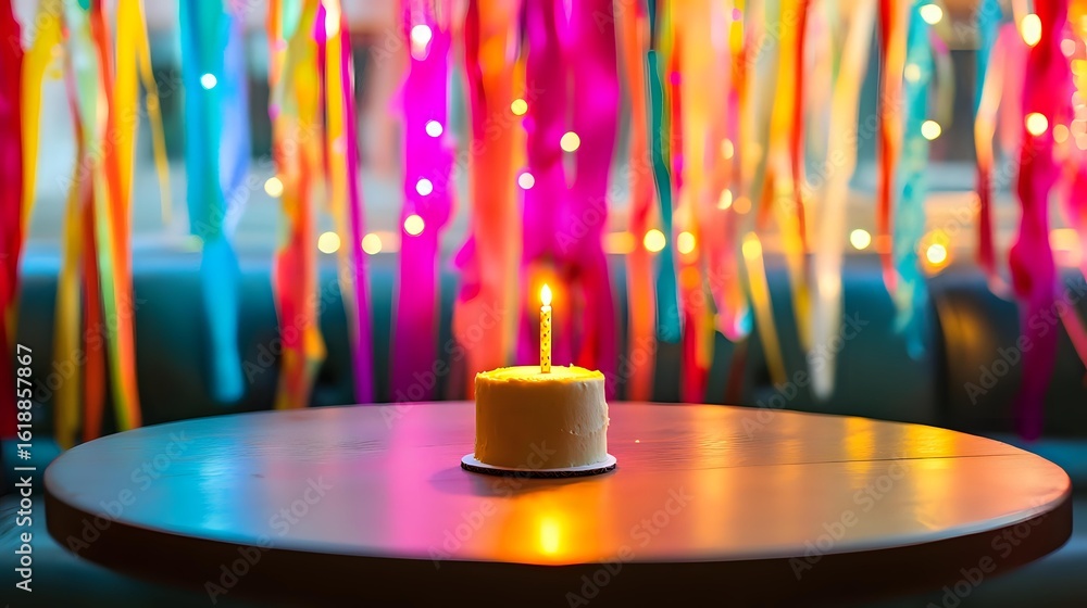 Aufkleber small table with one candle cake in front of cheerful party backdrop with streamers and light effect