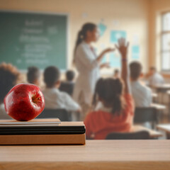 Apple and school supplies on classroom desk with copy space. Blurred teacher and students background. Mockup for product placement, branding, campaigns, school supplies, schedules, student lifestyle.