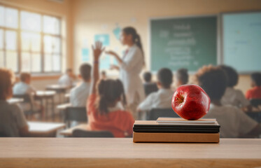 Apple and school supplies on classroom desk with copy space. Blurred teacher and students background. Mockup for product placement, branding, campaigns, school supplies, schedules, student lifestyle.