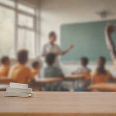 White chalk on classroom desk with copy space. Blurred teacher and students background. Mockup for product placement, branding, campaigns, school supplies, schedules, student lifestyle.