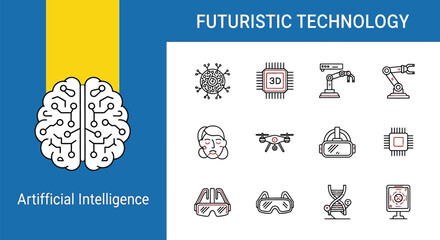 Modern Artificial Intelligence and Futuristic Technology Icons Featuring Brain, Chip, Drone