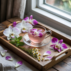 Orchid Tea Ceremony on Wooden Tray Near Window with White Curtains and Daisies