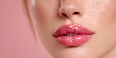 Glossy pink lips highlight a smooth texture, perfect for beauty lovers seeking a fresh look