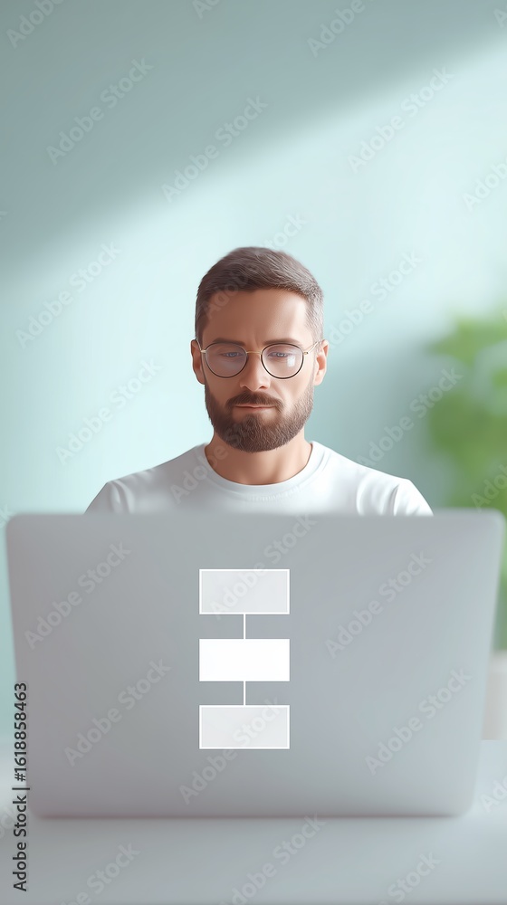 Aufkleber man with glasses working on laptop in a bright workspace, with soft natural light illuminating the s