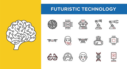 Modern Futuristic Technology Icons Featuring Artificial Intelligence, Robotics, Drones