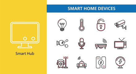 Modern Smart Home Devices Line Icons Featuring Security Camera, Lightbulb, Thermometer