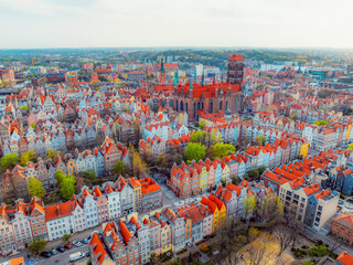 Gdansk with Motlawa river in Poland. Aerial landscape of the Main Town. Old town colourful house with saint Marys church