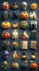 Colorful Halloween decorations featuring pumpkins, candles, and spooky elements arranged on a blue background