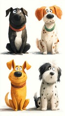 Cartoon dogs in playful poses showcasing different breeds and expressions in a friendly environment