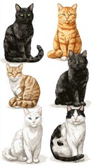 Six unique cats of different colors and patterns posing together against a plain background