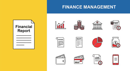 Informative Financial Management Icons Featuring Report, Graph, Coins