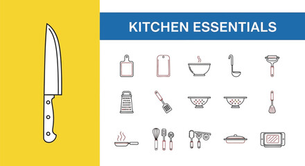 Line Art Illustration of Kitchen Utensils, Including Knife, Cutting Board