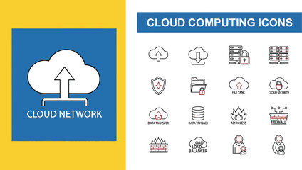 Collection of Modern Cloud Computing Icons Featuring Data Transfer, File Synchronization, Cloud Security