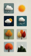 Weather symbols representing various conditions including sun, rain, and autumn trees in a colorful design