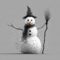 Creative snowman sculpture made of geometric shapes and wire in a minimalist style with a dark background