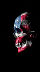 Skull decorated with the American flag design in a dark background emphasizing patriotism and symbolism