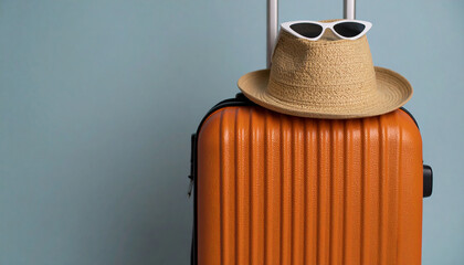 Dream vacation concept. Above vertical photo of an orange suitcase and a straw hat with white sunglasses on an isolated blue background, 300 dpi, widescreen 16:9, with free space for text