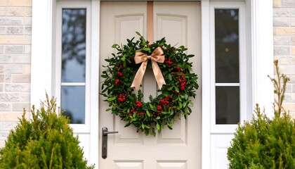 Festive holiday wreath on a light beige door