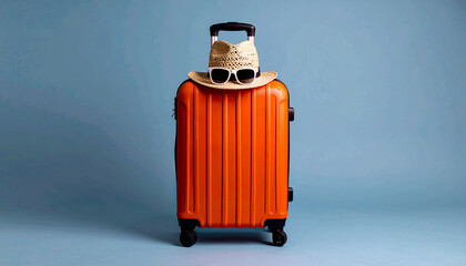 Dream vacation concept. Above vertical photo of an orange suitcase and a straw hat with white sunglasses on an isolated blue background, 300 dpi, widescreen 16:9, with free space for text