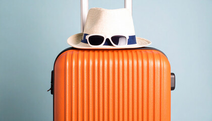 Dream vacation concept. Above vertical photo of an orange suitcase and a straw hat with white sunglasses on an isolated blue background, 300 dpi, widescreen 16:9, with free space for text