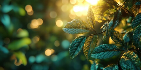 Sunlight filtering through green leaves in a tranquil forest setting during golden hour