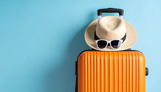 Dream vacation concept. Above vertical photo of an orange suitcase and a straw hat with white sunglasses on an isolated blue background, 300 dpi, widescreen 16:9, with free space for text