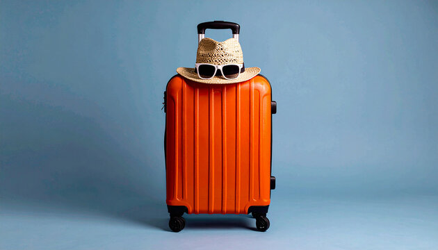 Dream vacation concept. Above vertical photo of an orange suitcase and a straw hat with white sunglasses on an isolated blue background, 300 dpi, widescreen 16:9, with free space for text