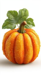 Round orange pumpkin with droplets of water on its surface and green leaf, showcasing autumn harvest details