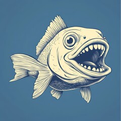 Unique illustration of a fish with exaggerated features swimming in a blue background