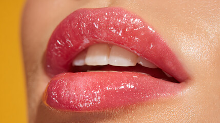 Naklejka premium Luscious pink lips with glossy shimmer and white teeth mouth