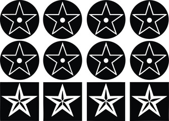 Eight white star silhouettes in circles and squares isolated on transparent background