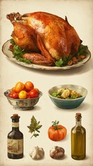Deliciously roasted turkey accompanied by fresh vegetables and fruits for a festive family gathering